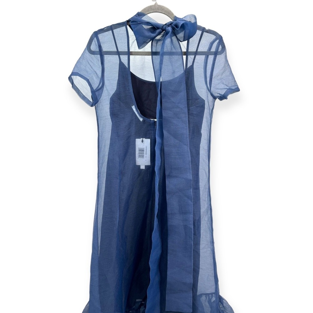 NWT CAARA Melody Tie Neck Organza Ruffle Hem Dress Navy Blue - Size Medium - Picture 12 of 14